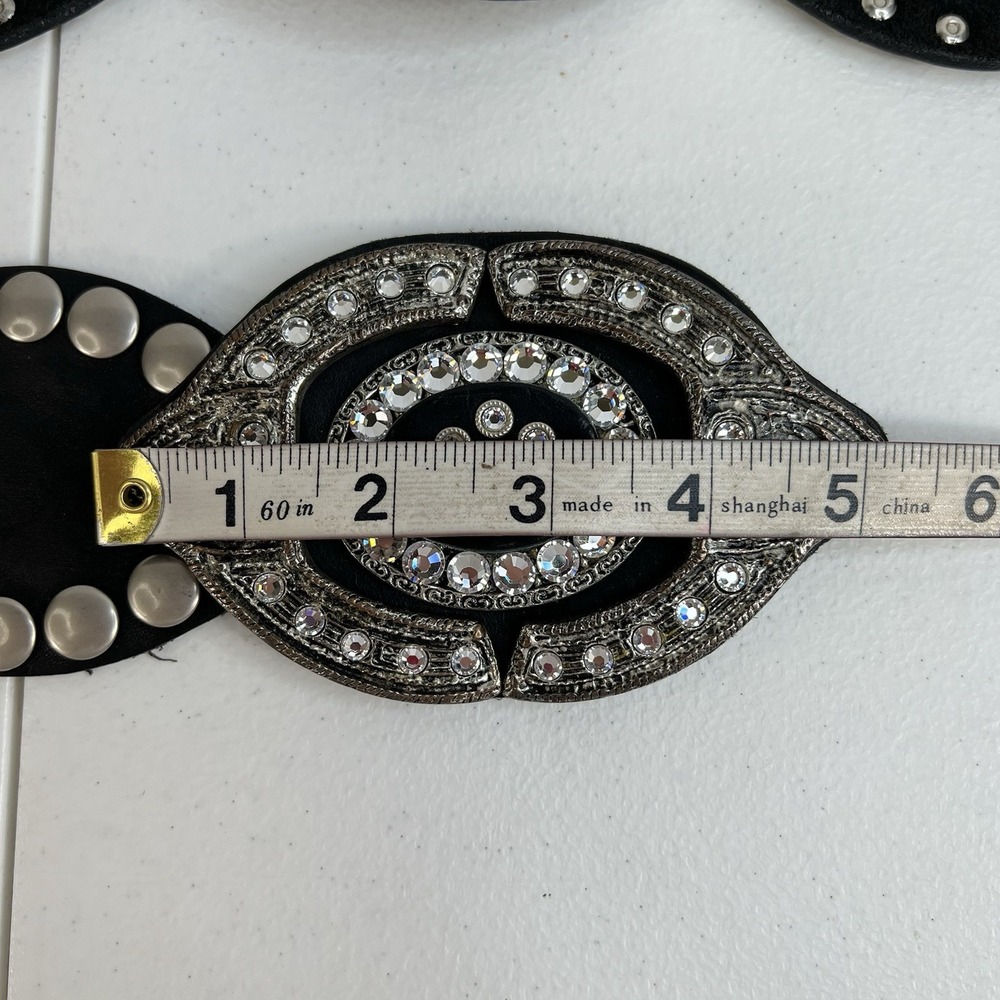 Leather Studded Belt Large 38 Bling Buckle Conch Style Black Silver Southwestern - Picture 15 of 16